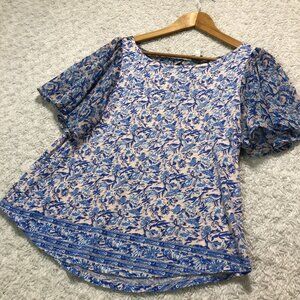 Lucky Brand Flutter Sleeve Keyhole Blue Pink Floral‎ Shirt Size SP Career